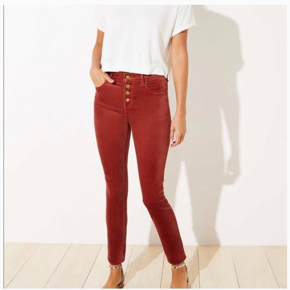 Loft Pink Velvet High Waist Button Fly Academia Skinny Pants Size 10